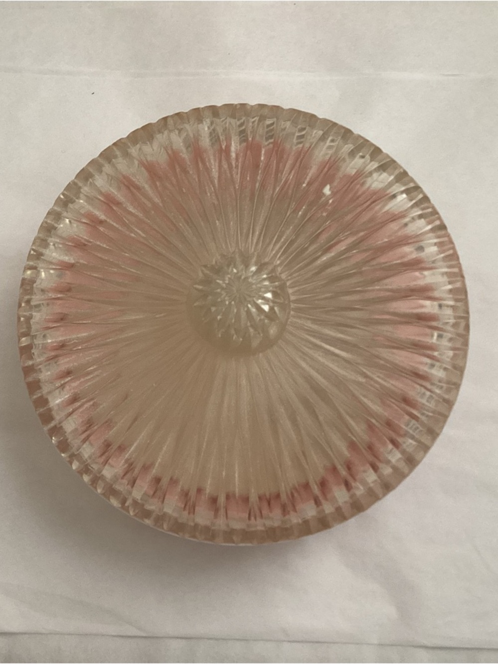 Vtg. Celebrity Dusting Powder pink Crystal Cut lucite/acrylic Starburst pattern